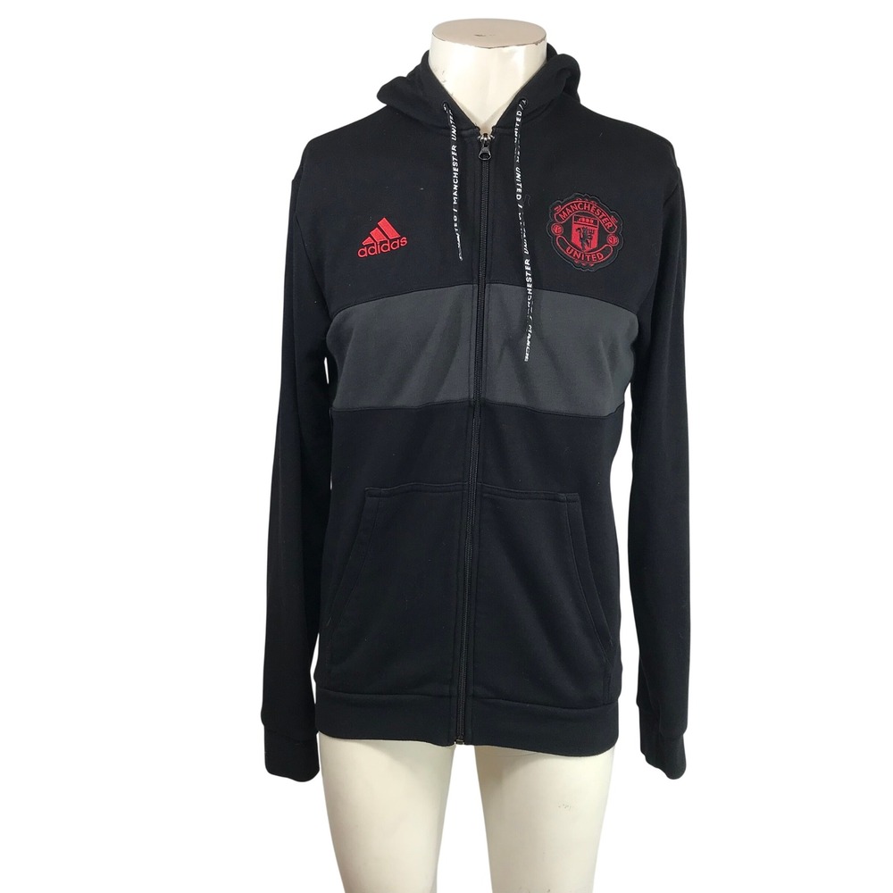 Adidas Manchester United Full Zip Hoodie Mens Medium Black Grey Stripe Soccer